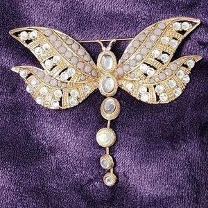 Lavender Purple Chico's Gold Tone Dragonfly Dangle Rhinestone/Stone Pendant 3"H